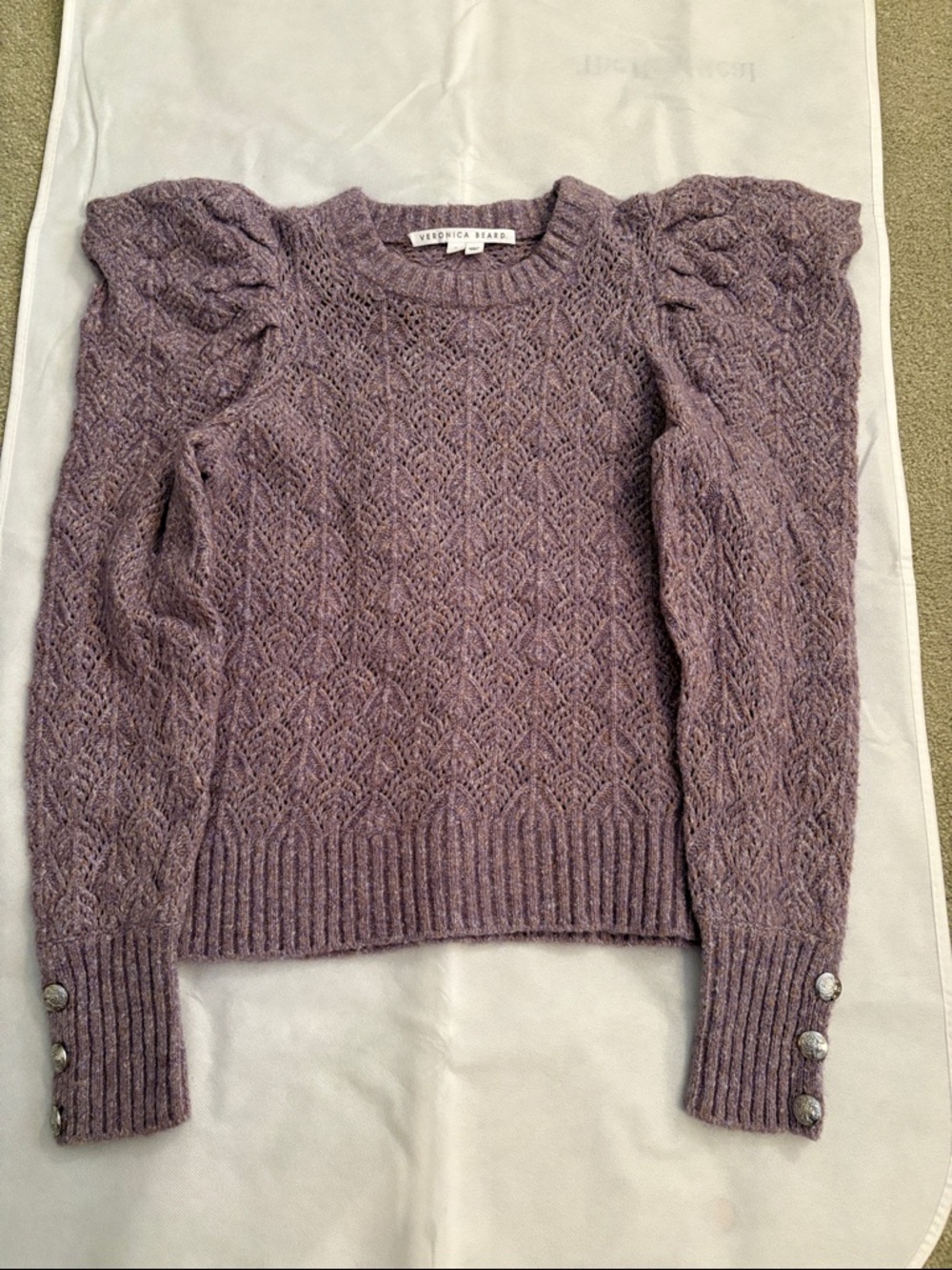 Veronica Beard Lilac and light tan Puff-Sleeve Cable Knit Sweater